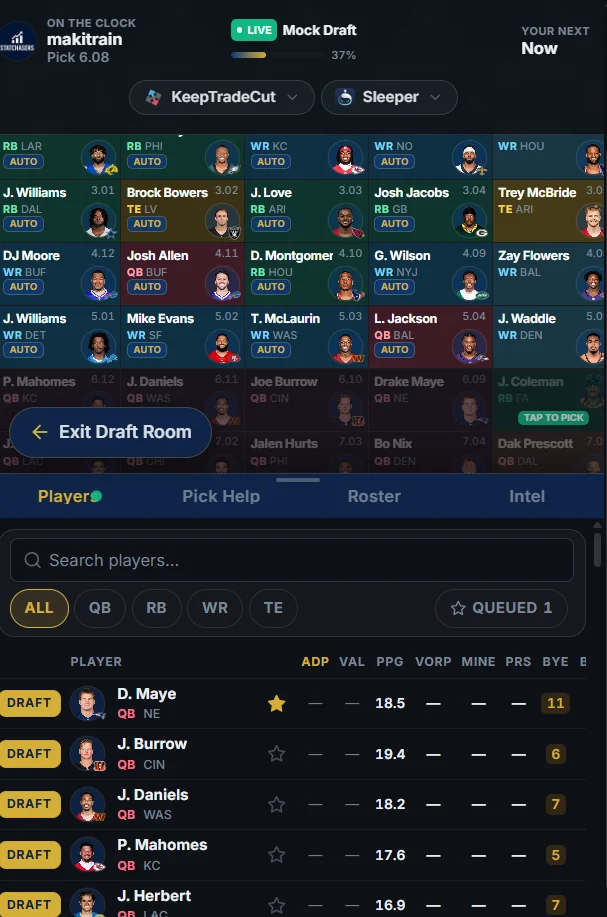 Live Draft Room — Your board, pick help, roster and intel while the clock runs