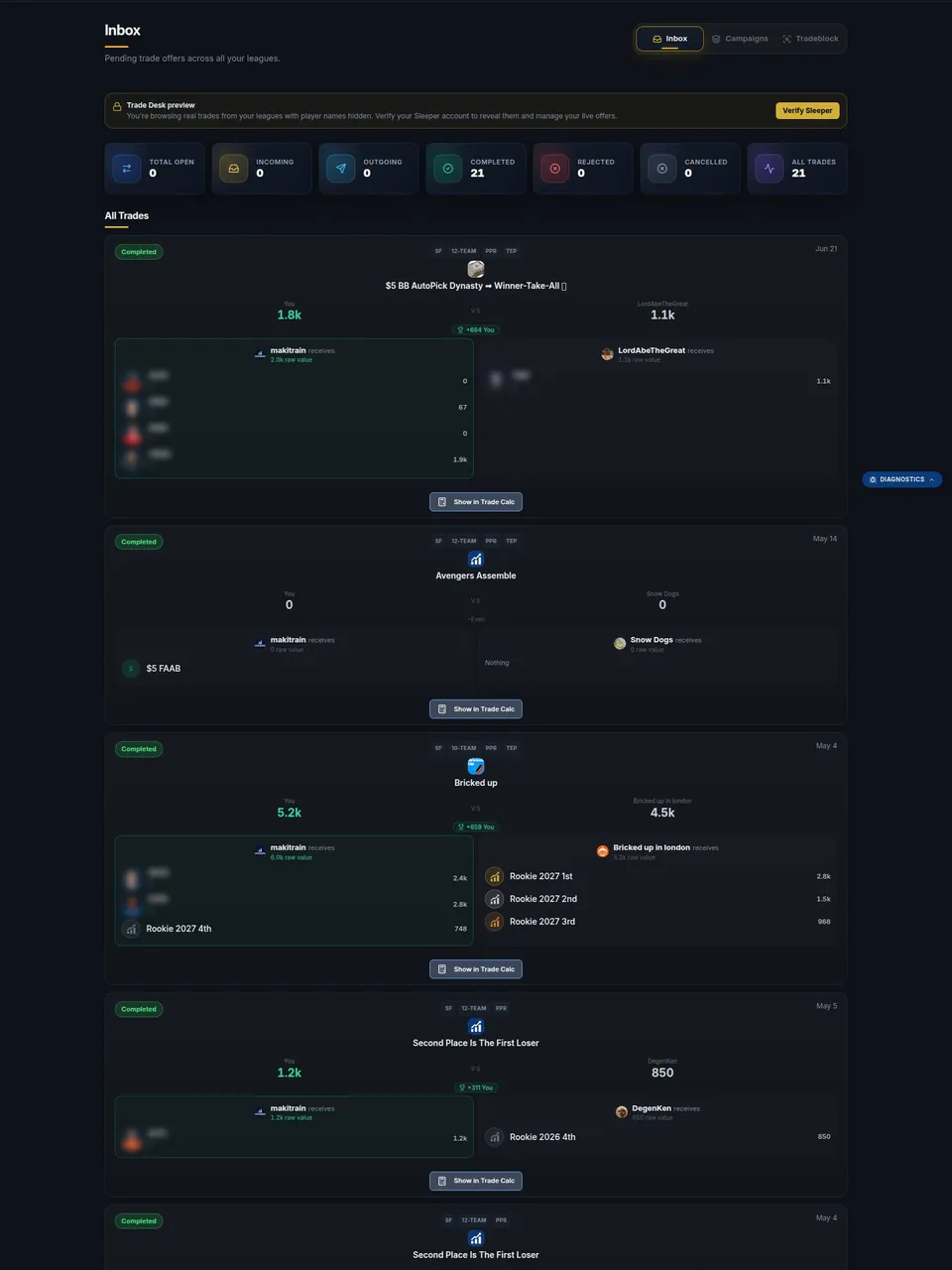 Trade Calculator — Any offer, measured by what it does to your lineup