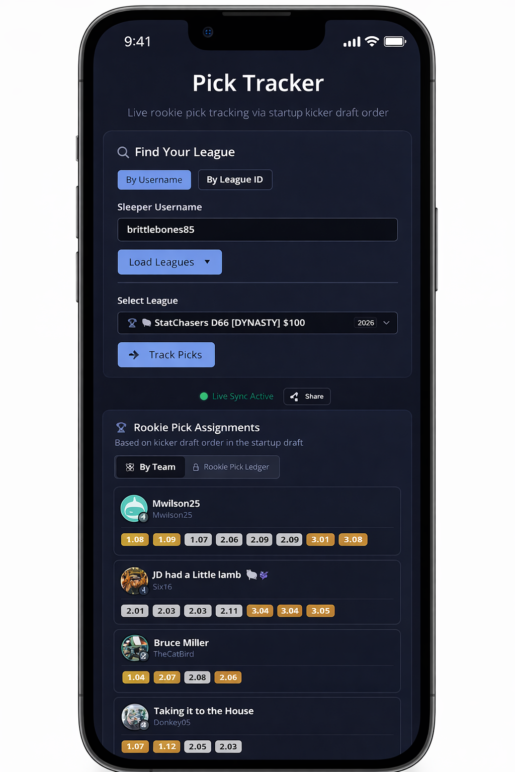 Pick Tracker mobile preview